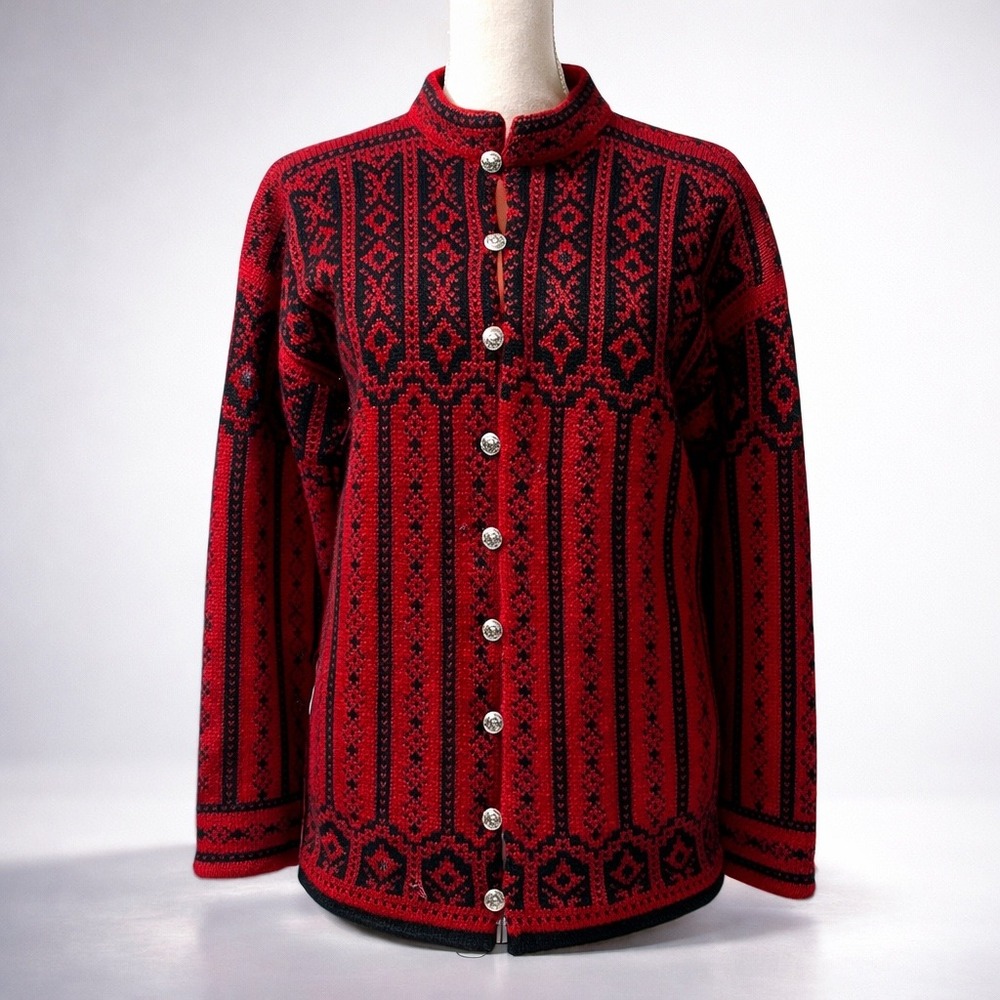 Vintage Jantzen Norway‎ Wool Cardigan Red Black Nordic Knit S